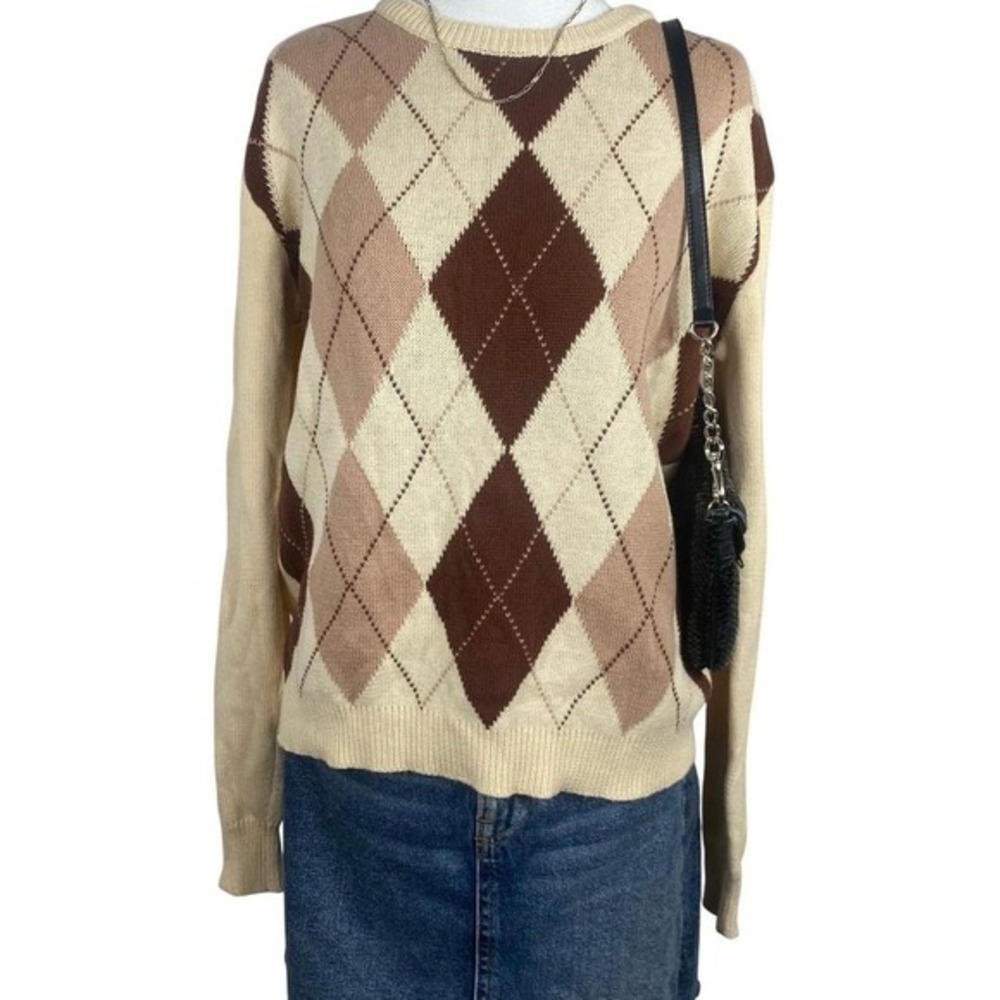 Edikted Argyle Sweater Womens Extra Small Beige Brown Preppy Knit Y2K Academia